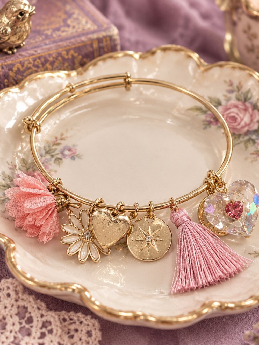 Little Girls Gold and Pink Charm Bracelet